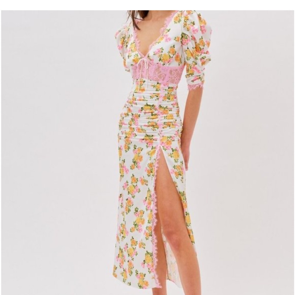 For Love & Lemons White Floral Midi Dress with Pink Lace Trim